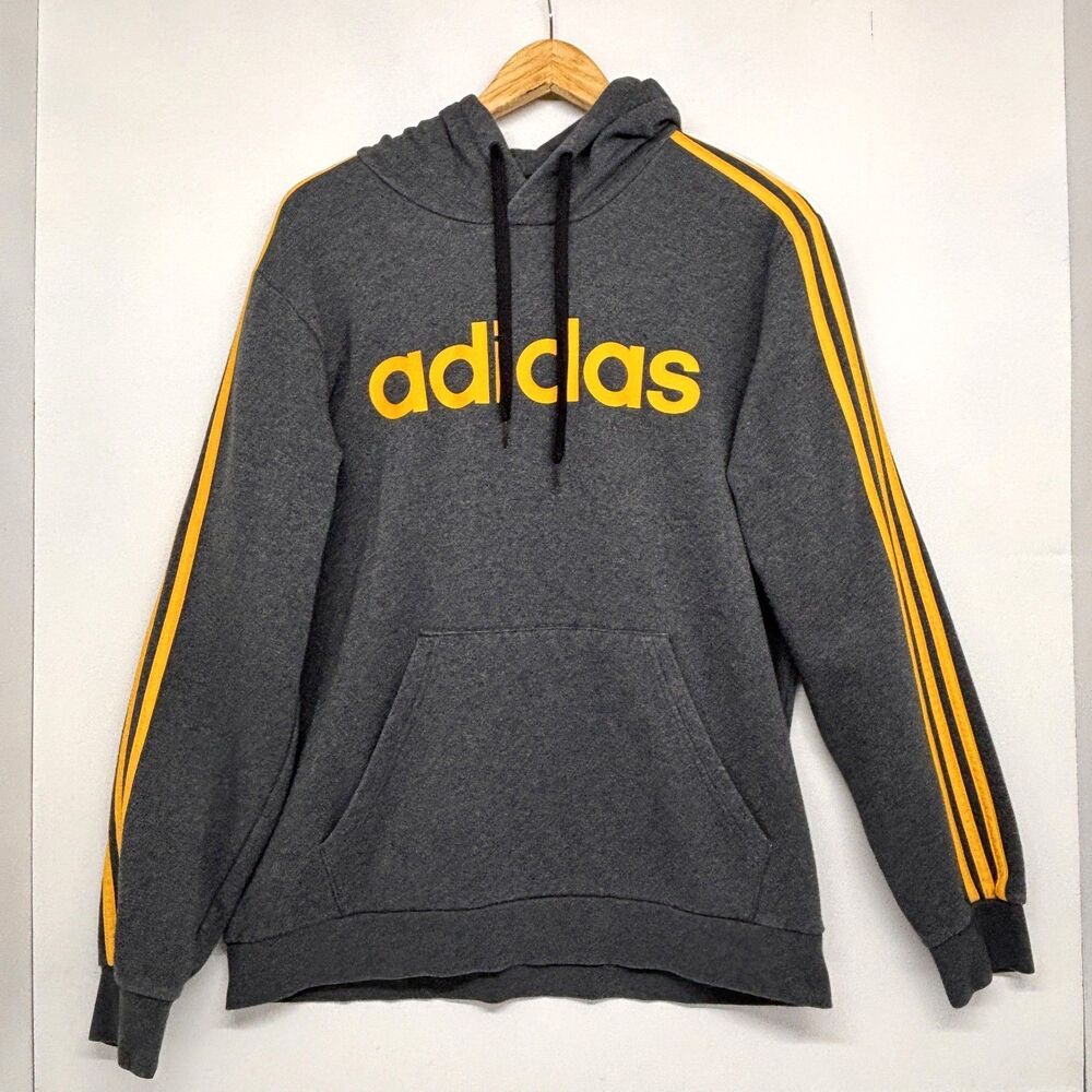 Vintage Adidas Striped Hoodie Sweatshirt Dark Gray Yellow Men's Size Large